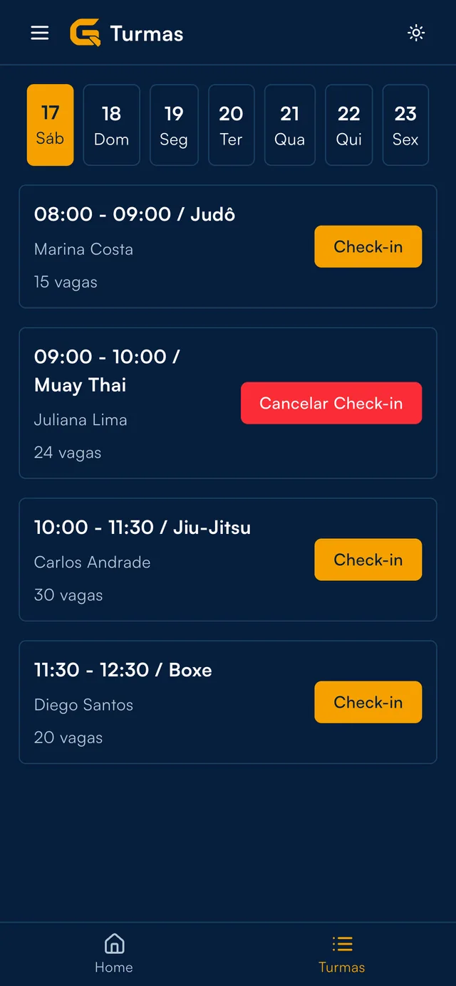 Aplicativo do aluno mostrando as turmas do dia com o botão de check-in.