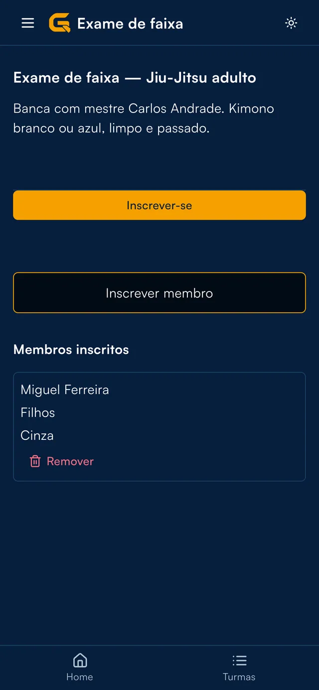 Exame de faixa no aplicativo do aluno com um familiar inscrito.